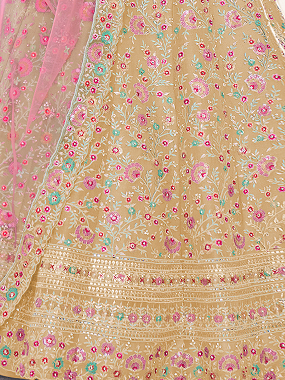 Odette Cream Embroidered Silk Blend Semi Stitched Lehenga With Blouse For Women