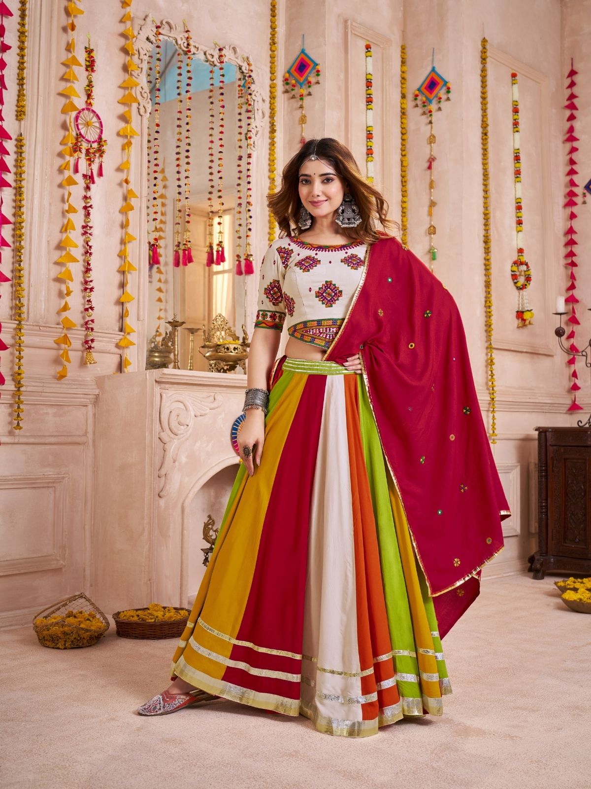Odette Multicolor Cotton Blend Solid With Golden Border Semi-Stitched Lehenga For Women