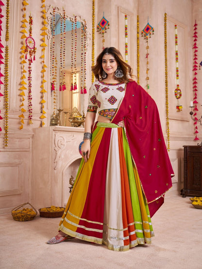 Odette Multicolor Cotton Blend Solid With Golden Border Semi-Stitched Lehenga For Women