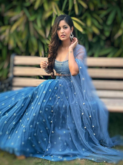 Odette Blue Georgette Embellished Semi-Stitched Lehenga For Women