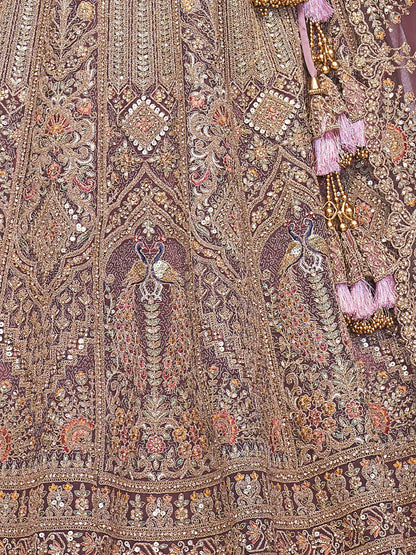 Odette Mauve Soft Net Embroidered Semi-Stitched Lehenga With Unstitched Blouse For Women