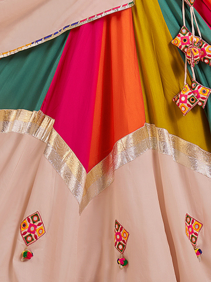 Odette Multicolor Viscose Cotton Embroidered Semi-Stitched Lehenga Choli For Women