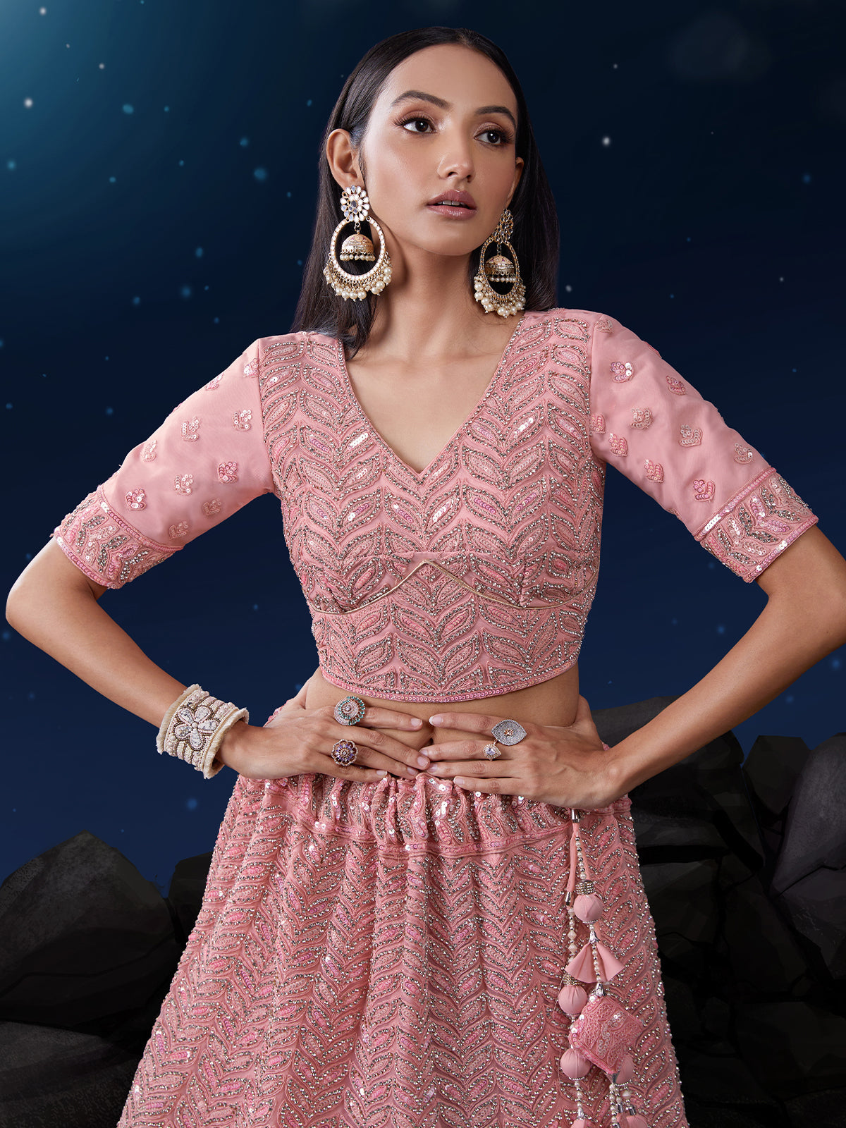 Odette Pink Embellished Soft Net Semi Stitched Lehenga With Blouse For Women