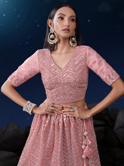 Odette Pink Embellished Soft Net Semi Stitched Lehenga With Blouse For Women