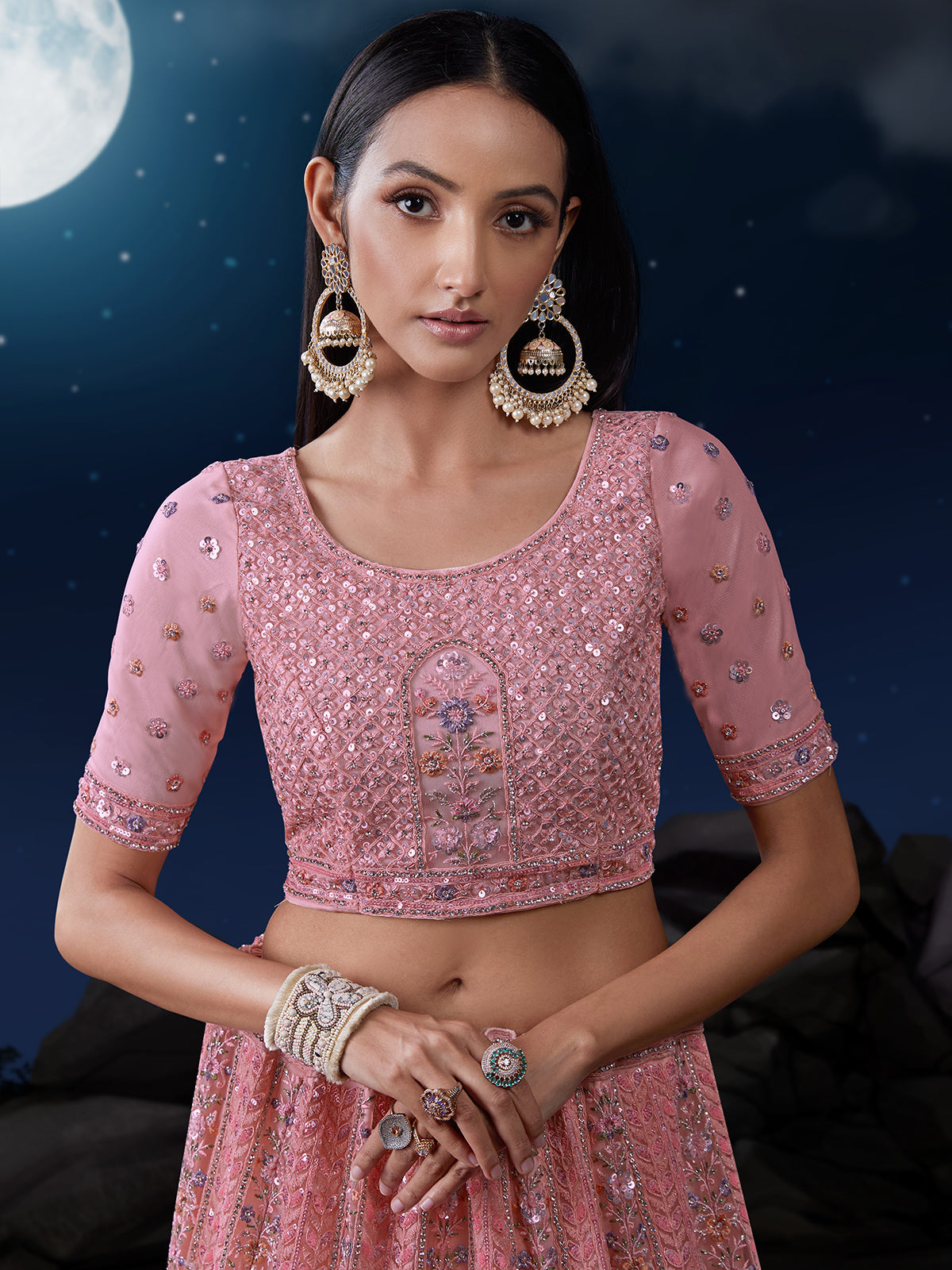 Odette Pink Embellished Soft Net Semi Stitched Lehenga With Blouse For Women
