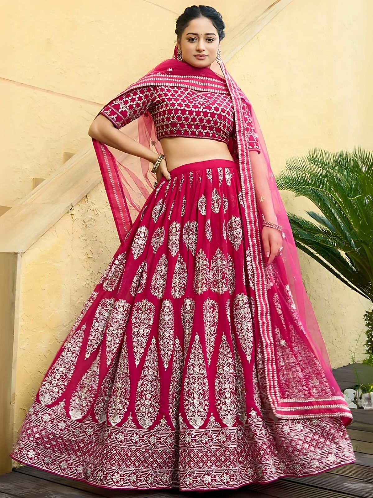 Odette Cherry Red Georgette Embroidered Semi-Stitched Lehenga For Women