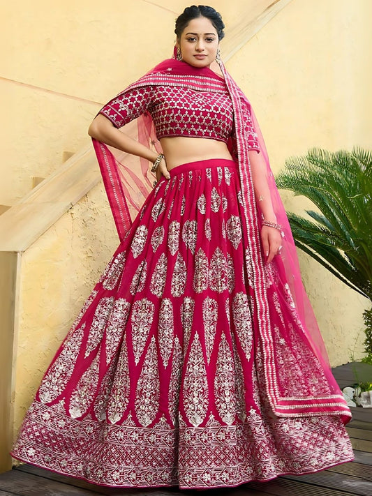 Odette Cherry Red Georgette Embroidered Semi-Stitched Lehenga For Women