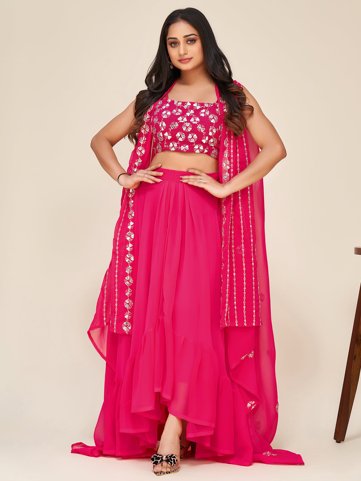 Odette Women Designer Pink Georgette Semi Stitched Lehenga With Unstitched Blouse