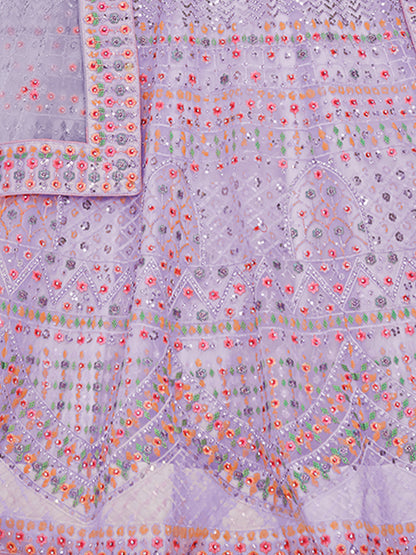 Odette Lavender Embroidered Soft Net Semi Stitched Lehenga With Blouse For Women