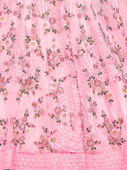Odette Pink Embroidered Soft Net Semi Stitched Lehenga With Blouse For Women