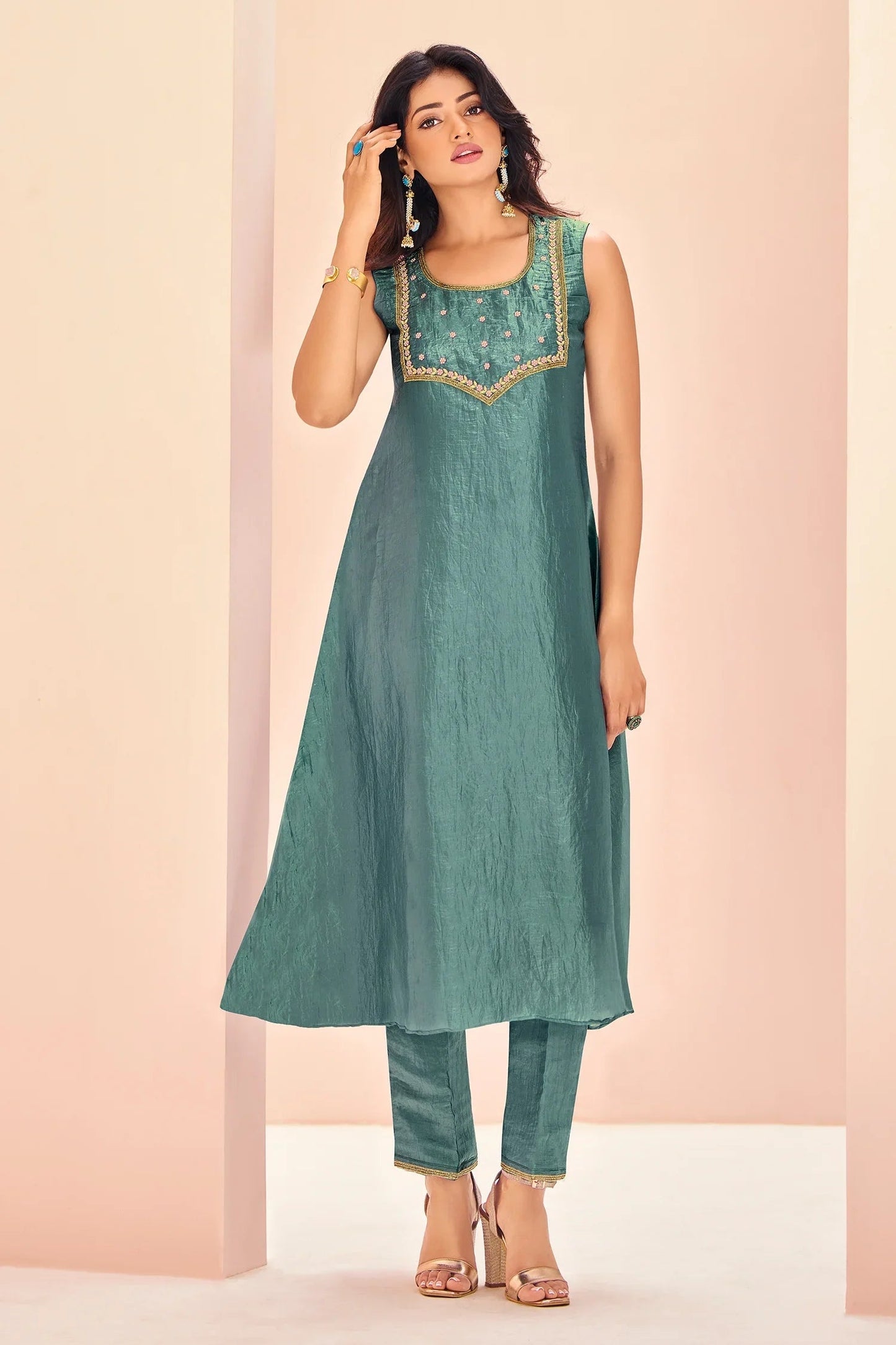 Aqua Blue Organza Kurti with Pant