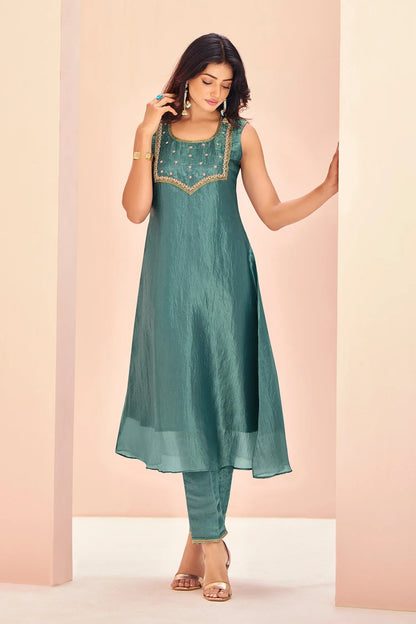 Aqua Blue Organza Kurti with Pant
