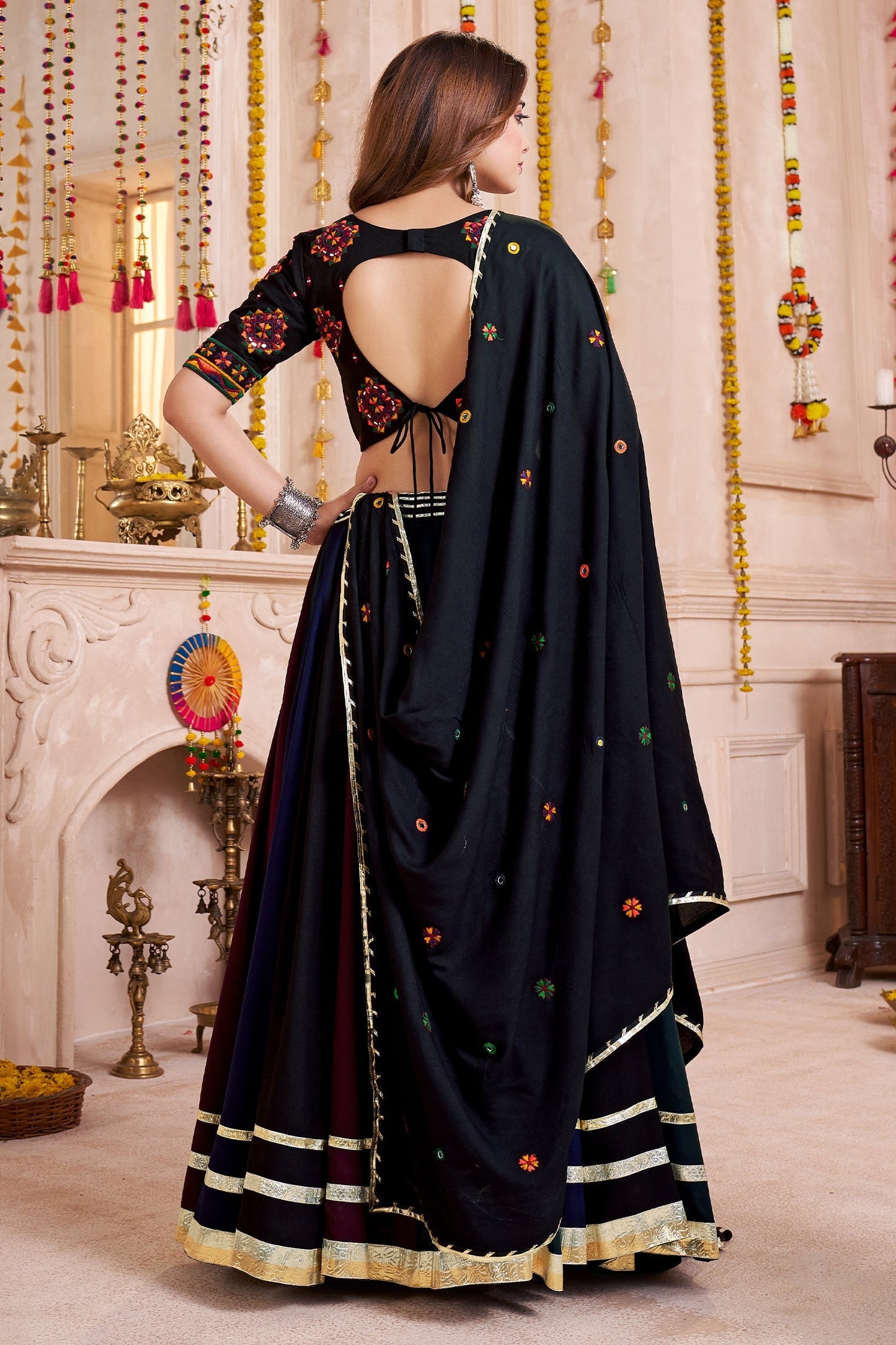 Multi Colored Viscose Cotton Flared Chaniya Choli with Lace