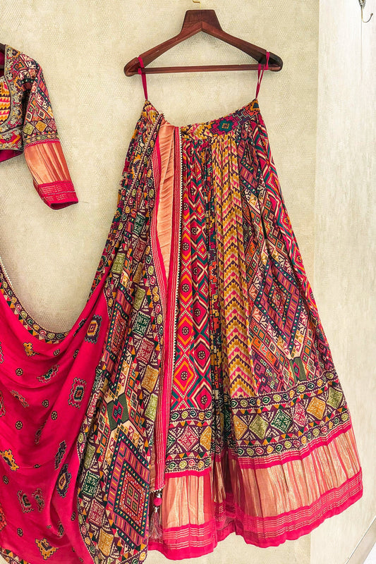 Multi Colored Gaji Silk Printed Lehenga