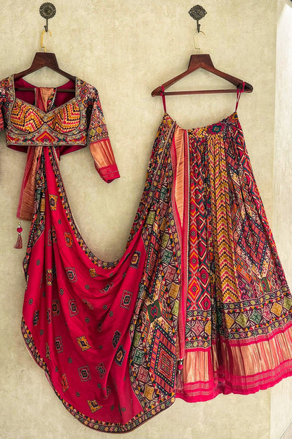 Multi Colored Gaji Silk Printed Lehenga