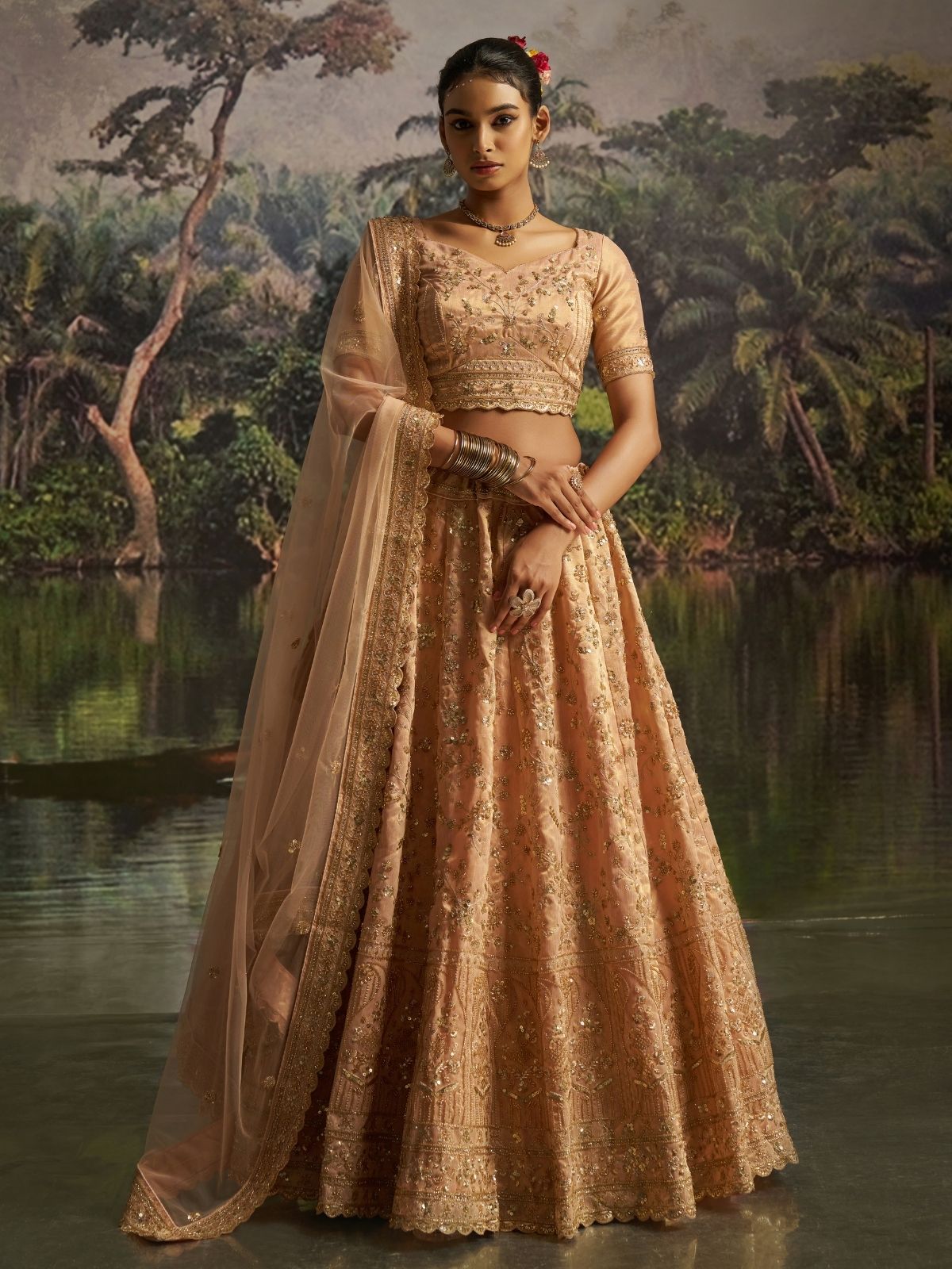 Odette Golden Beige Net Embellished Semi-Stitched Lehenga For Women