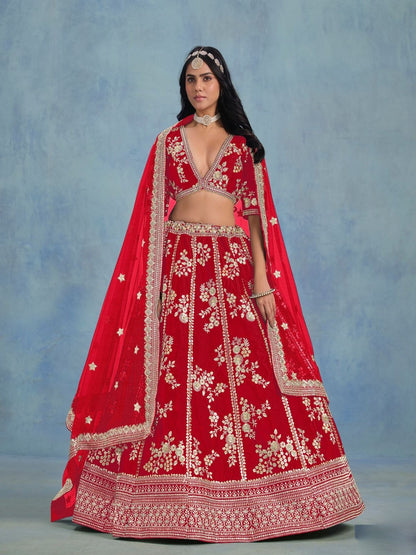 Odette Red Art Silk Embroidered Semi-Stitched lehenga For Women
