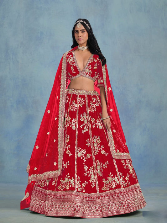 Odette Red Art Silk Embroidered Semi-Stitched lehenga For Women