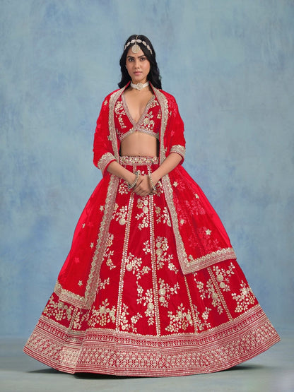 Odette Red Art Silk Embroidered Semi-Stitched lehenga For Women