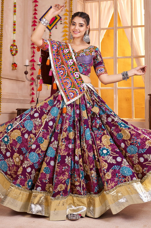 Purple Viscose Flared Printed Chaniya Choli with Lampi Border