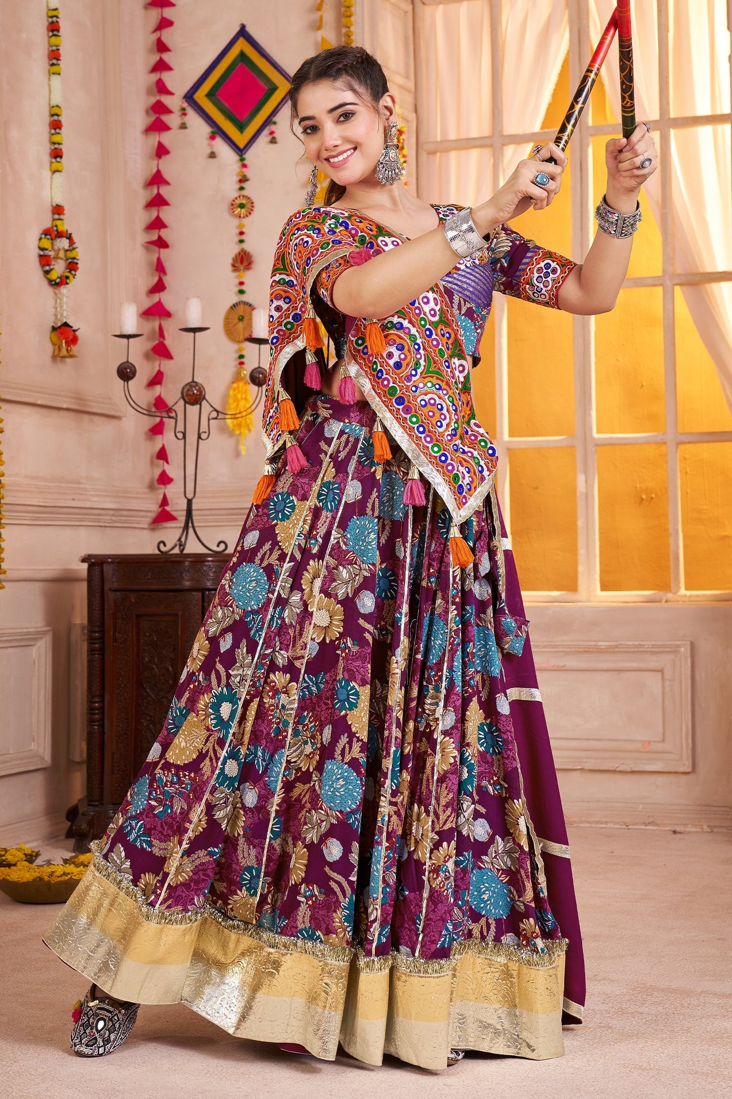 Purple Viscose Flared Printed Chaniya Choli with Lampi Border