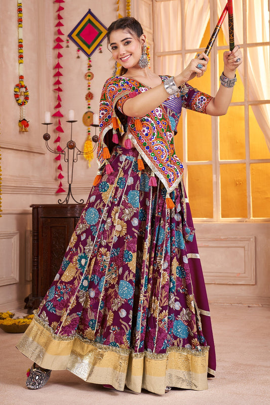 Purple Viscose Flared Printed Chaniya Choli with Lampi Border