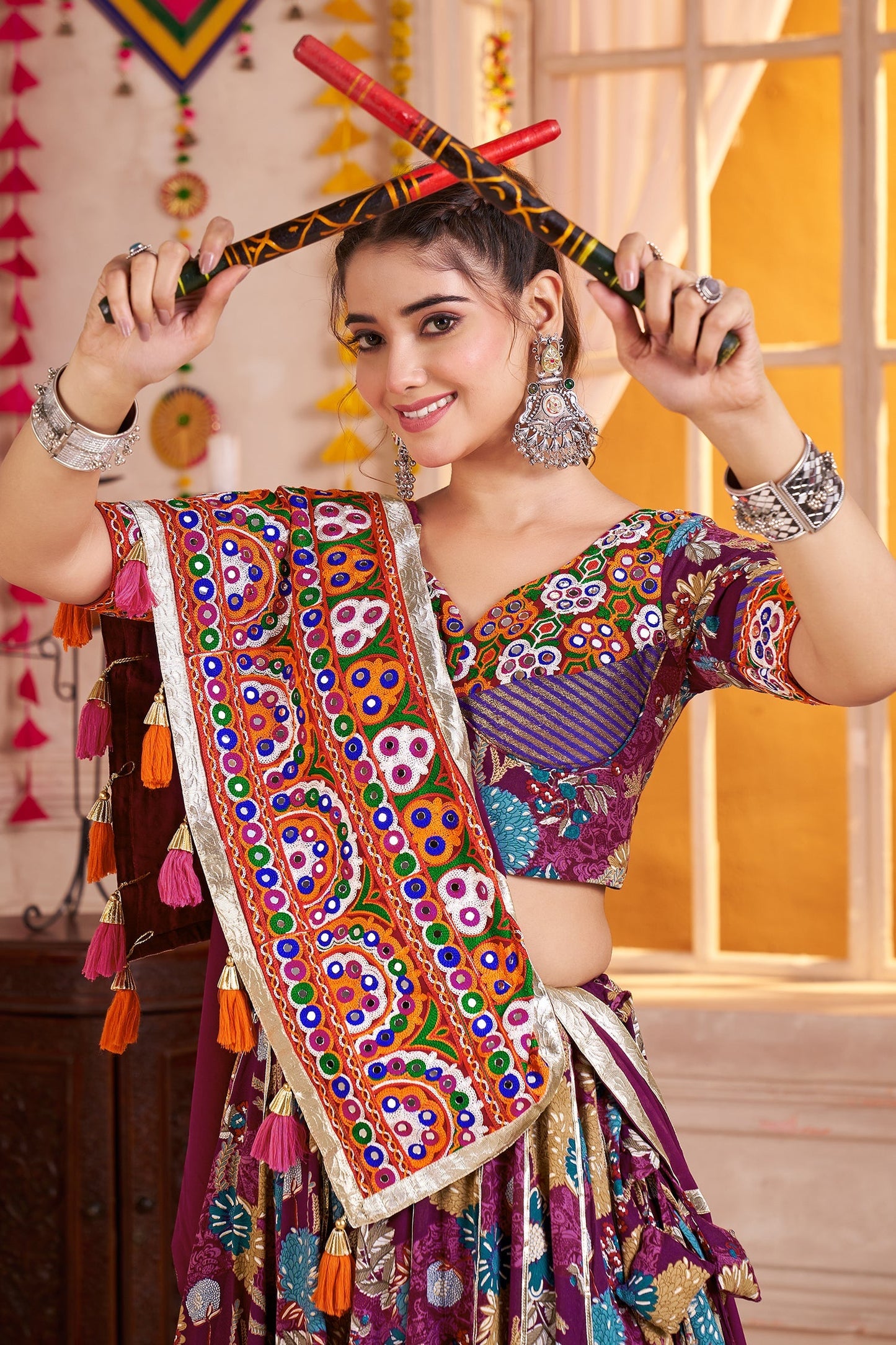 Purple Viscose Flared Printed Chaniya Choli with Lampi Border