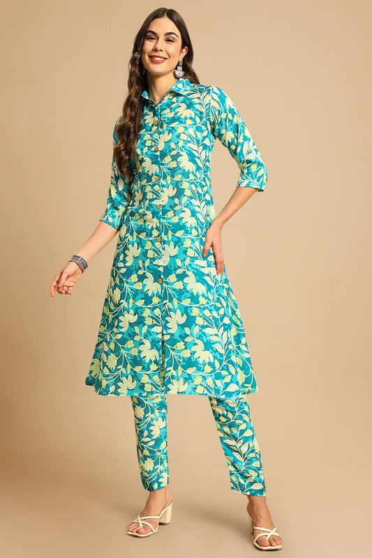 Aqua Green Cotton Floral Printed Kurti Set
