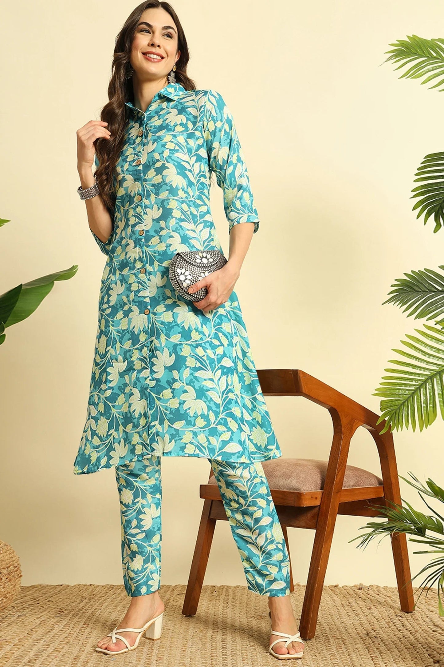 Aqua Green Cotton Floral Printed Kurti Set