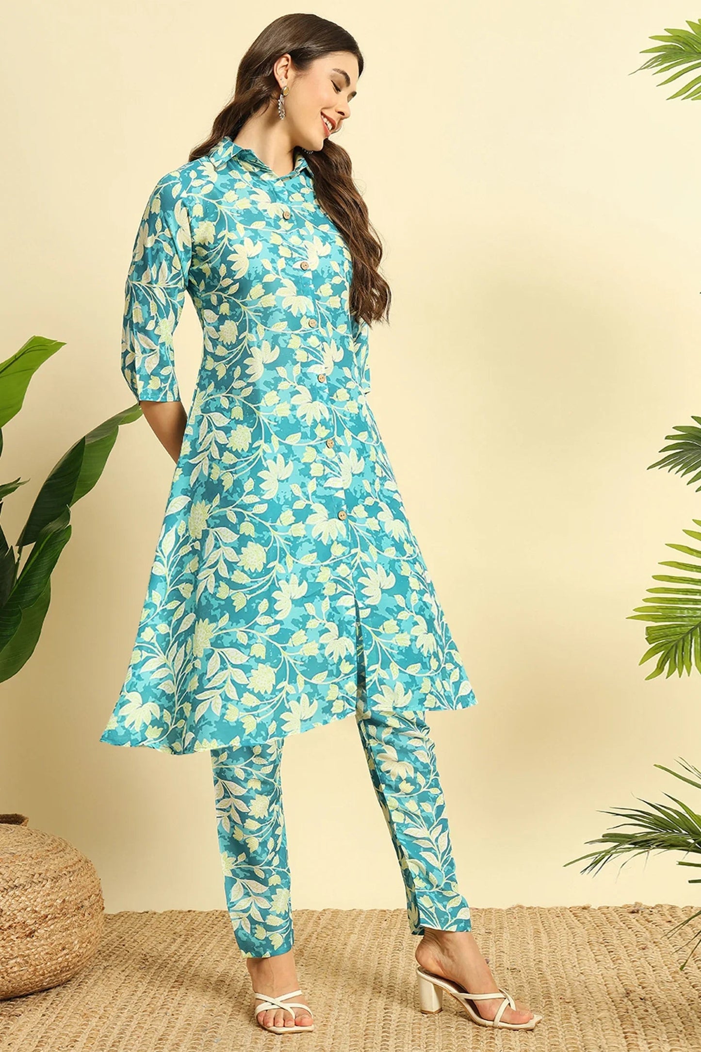 Aqua Green Cotton Floral Printed Kurti Set