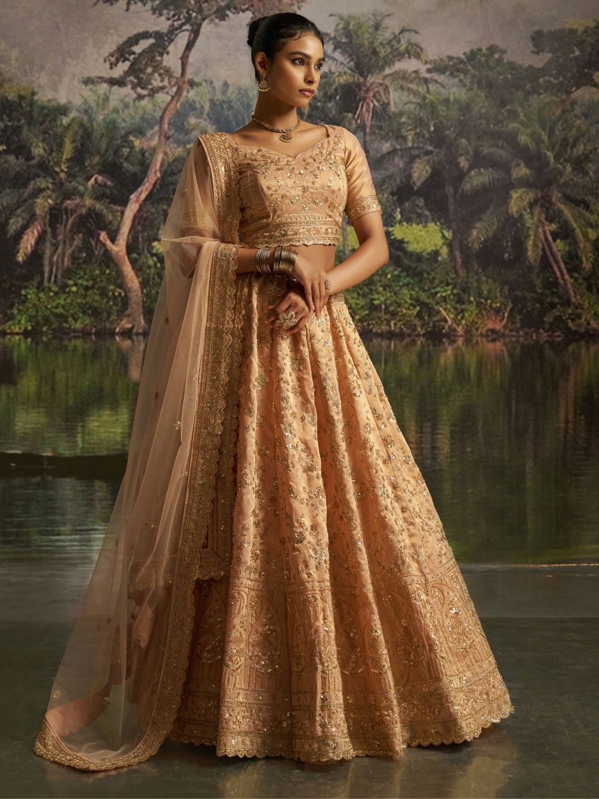 Odette Golden Beige Net Embellished Semi-Stitched Lehenga For Women