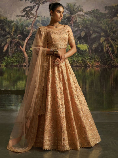 Odette Golden Beige Net Embellished Semi-Stitched Lehenga For Women