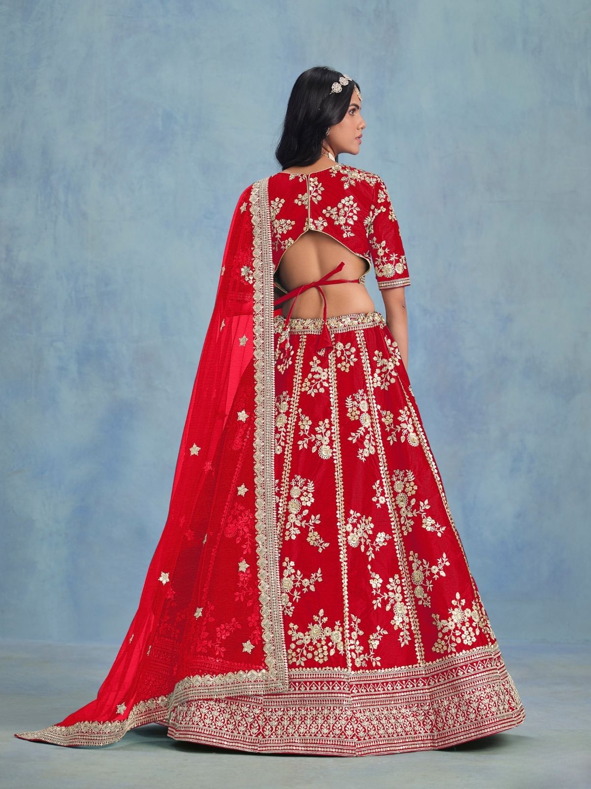Odette Red Art Silk Embroidered Semi-Stitched lehenga For Women