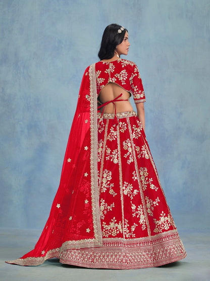 Odette Red Art Silk Embroidered Semi-Stitched lehenga For Women