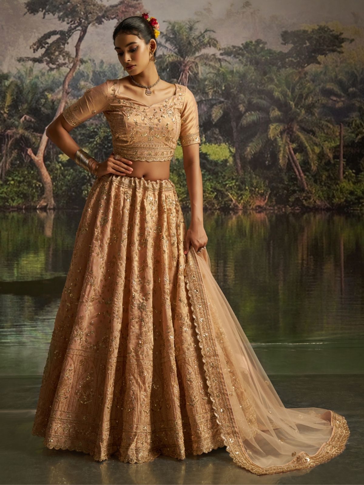 Odette Golden Beige Net Embellished Semi-Stitched Lehenga For Women