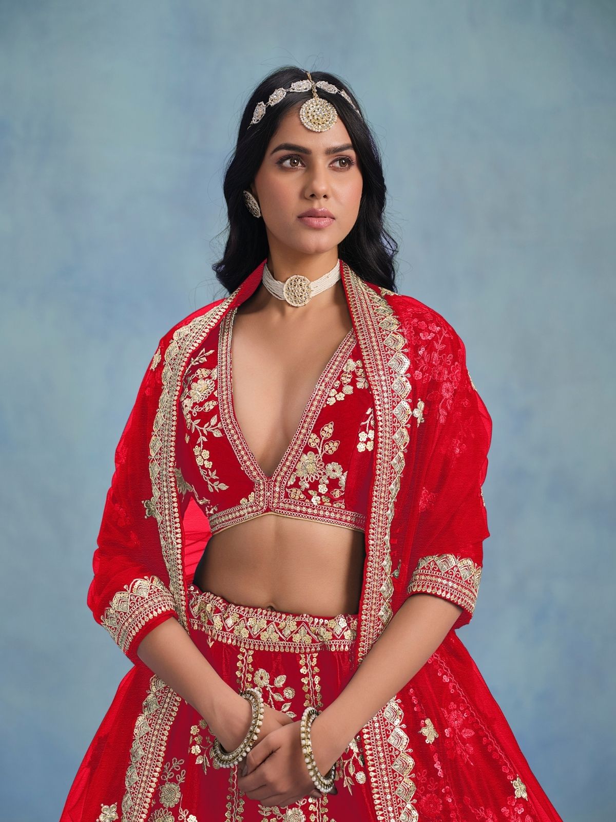 Odette Red Art Silk Embroidered Semi-Stitched lehenga For Women