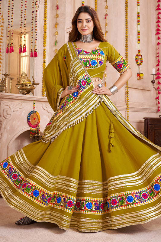 Olive Green Viscose Flared Chaniya Choli with Lampi Border