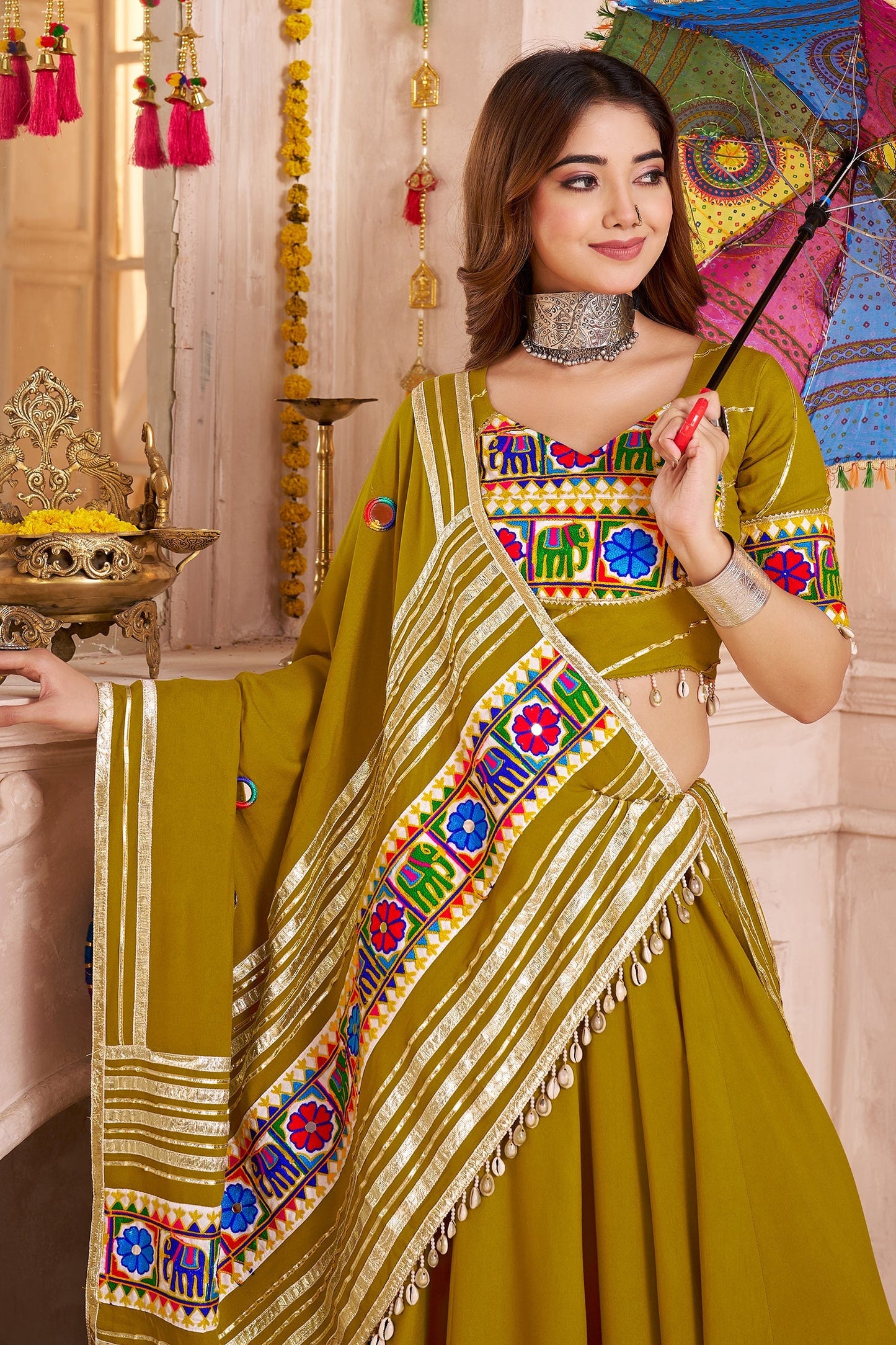 Olive Green Viscose Flared Chaniya Choli with Lampi Border