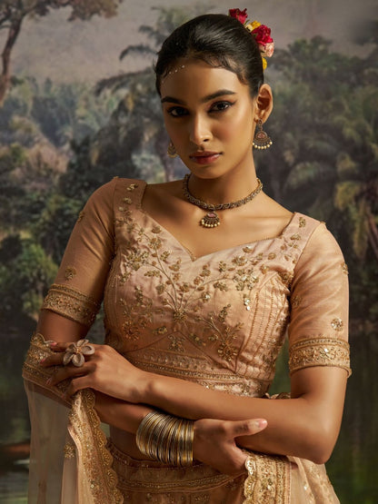 Odette Golden Beige Net Embellished Semi-Stitched Lehenga For Women