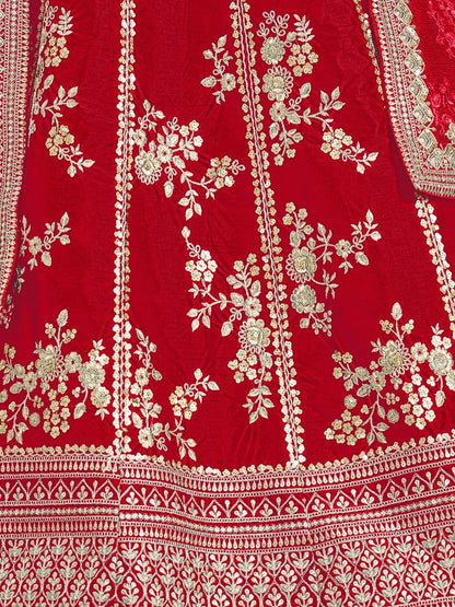 Odette Red Art Silk Embroidered Semi-Stitched lehenga For Women