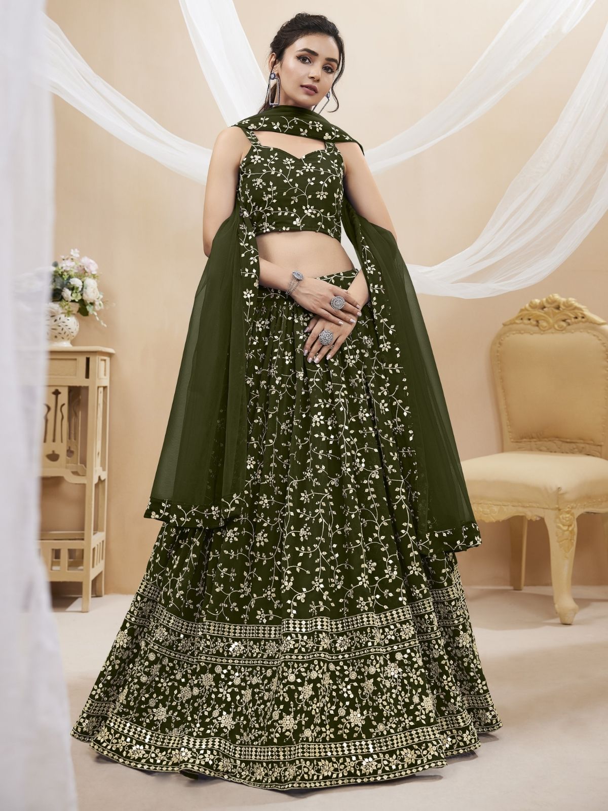 Odette Green Georgette Embroidered Semi-Stitched Lehenga For Women