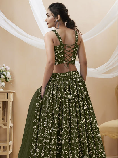 Odette Green Georgette Embroidered Semi-Stitched Lehenga For Women