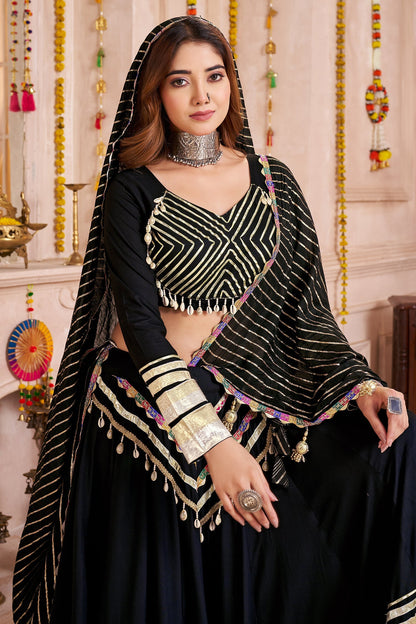 Black Viscose Flared Chaniya Choli with Lampi Border