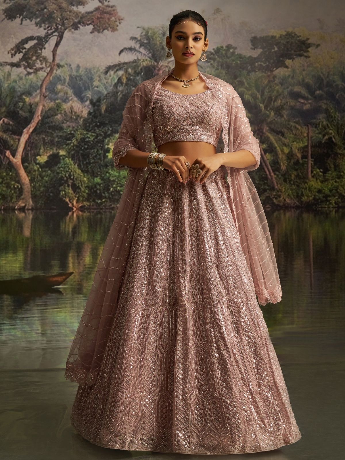 Odette Light Pink Net Embellished Semi-Stitched Lehenga For Women