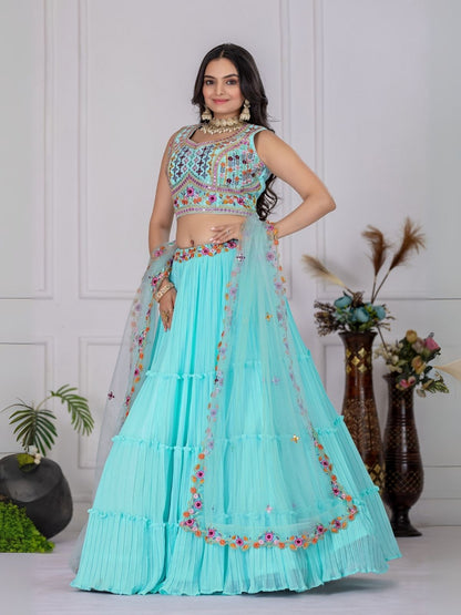 Odette Sky Blue Georgette Embroidered Semi-Stitched lehenga For Women