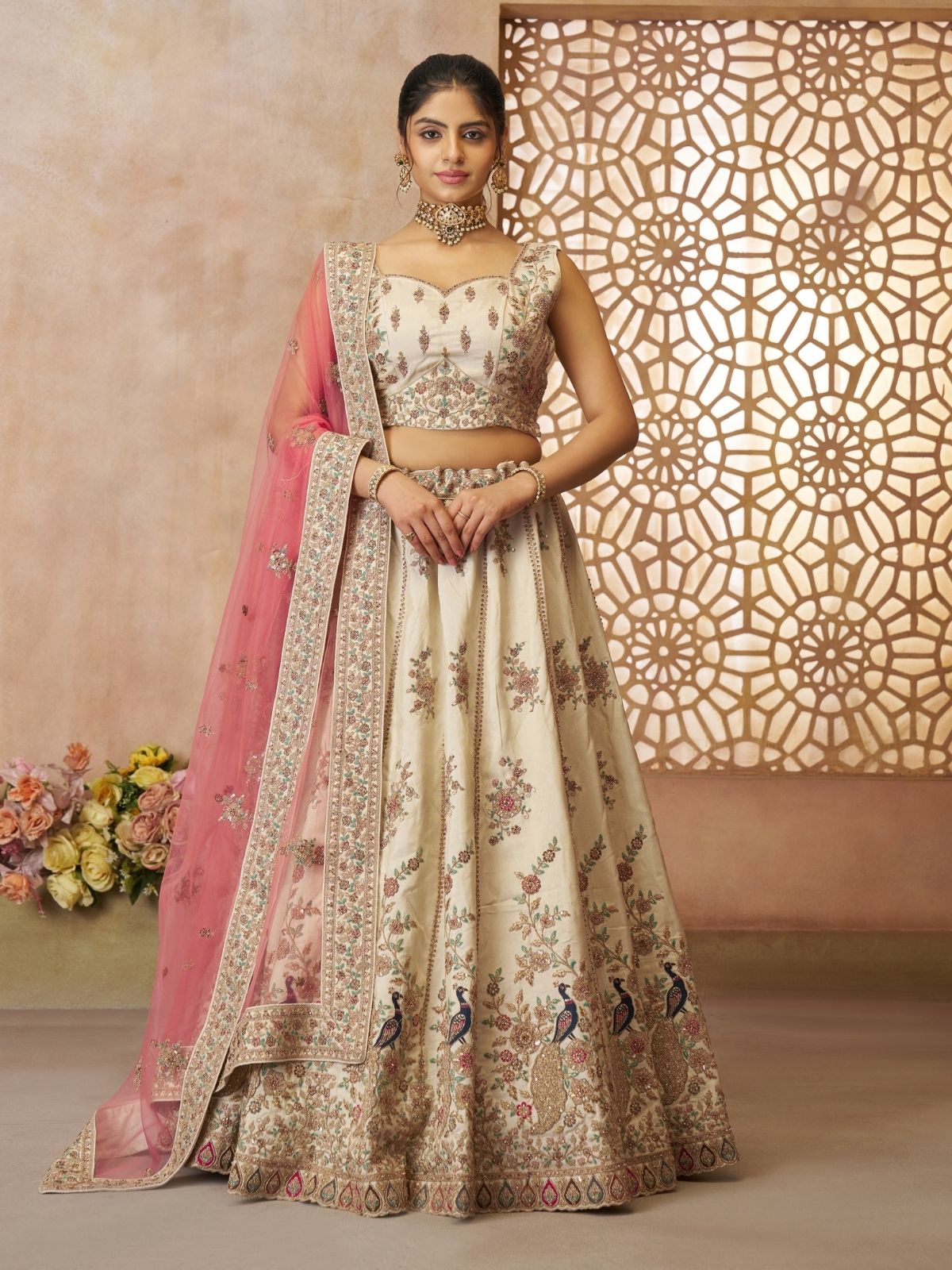 Odette Off White Silk Blend Embroidered Semi-Stitched Lehenga For Women