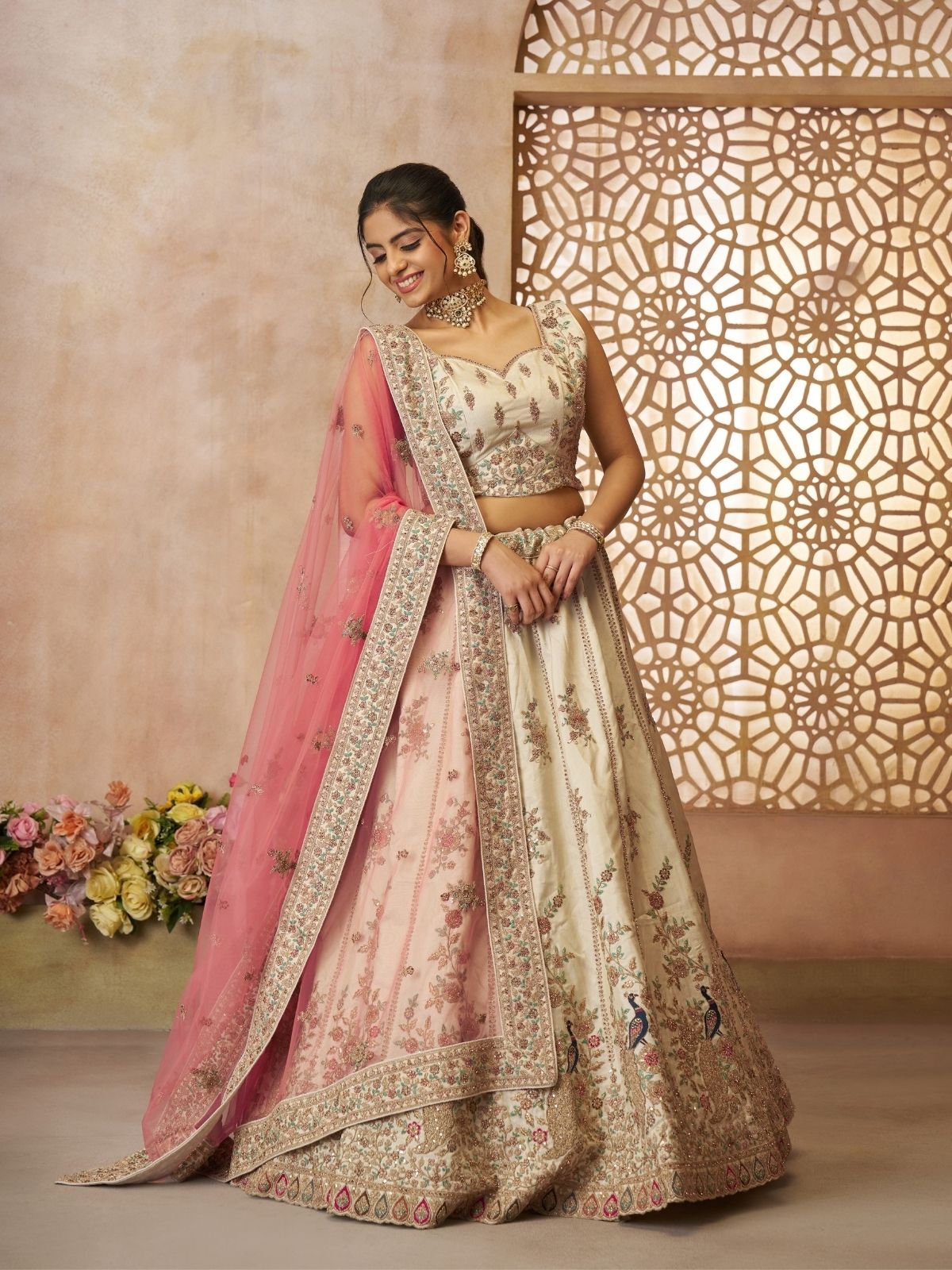 Odette Off White Silk Blend Embroidered Semi-Stitched Lehenga For Women