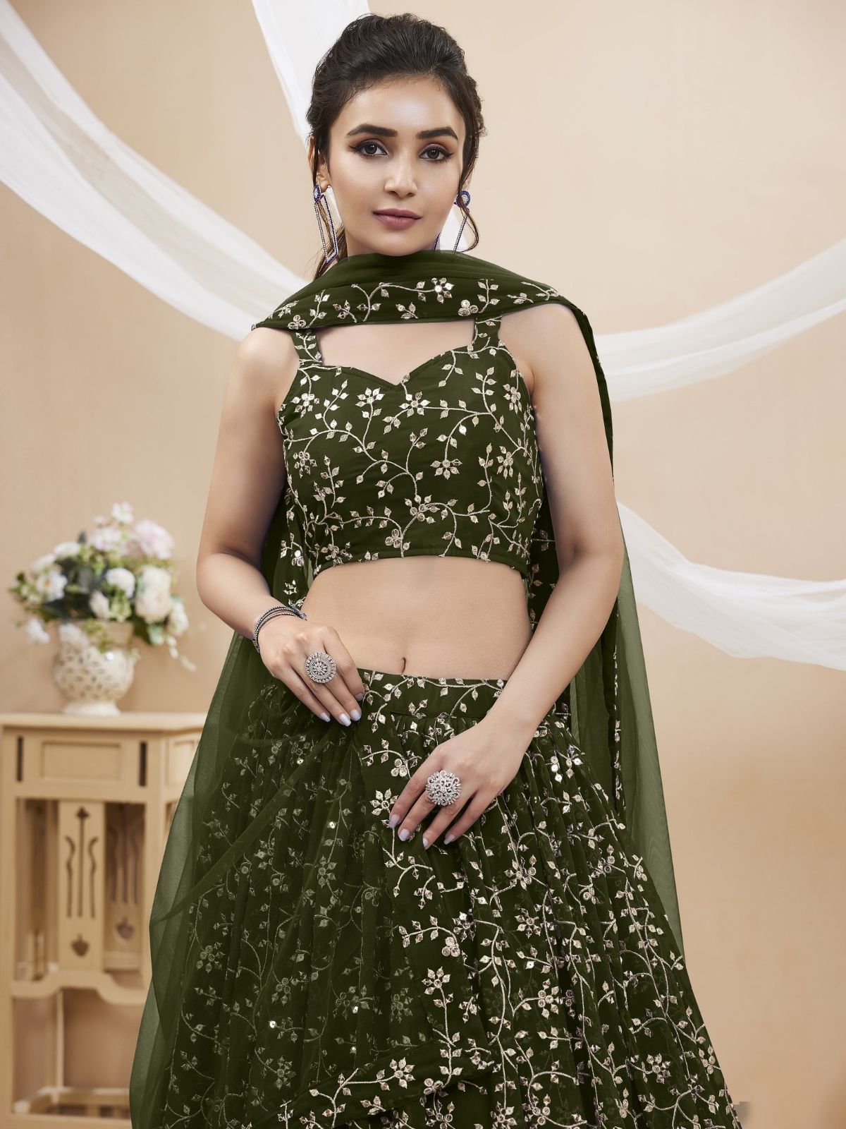 Odette Green Georgette Embroidered Semi-Stitched Lehenga For Women