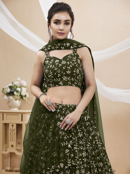 Odette Green Georgette Embroidered Semi-Stitched Lehenga For Women