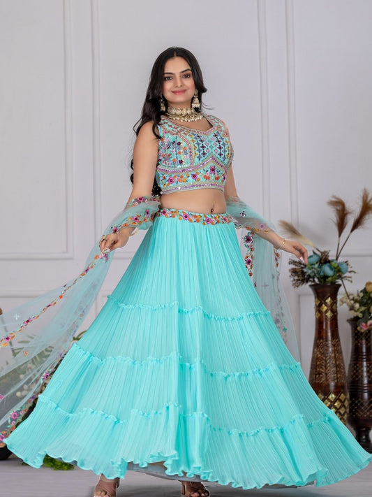 Odette Sky Blue Georgette Embroidered Semi-Stitched lehenga For Women
